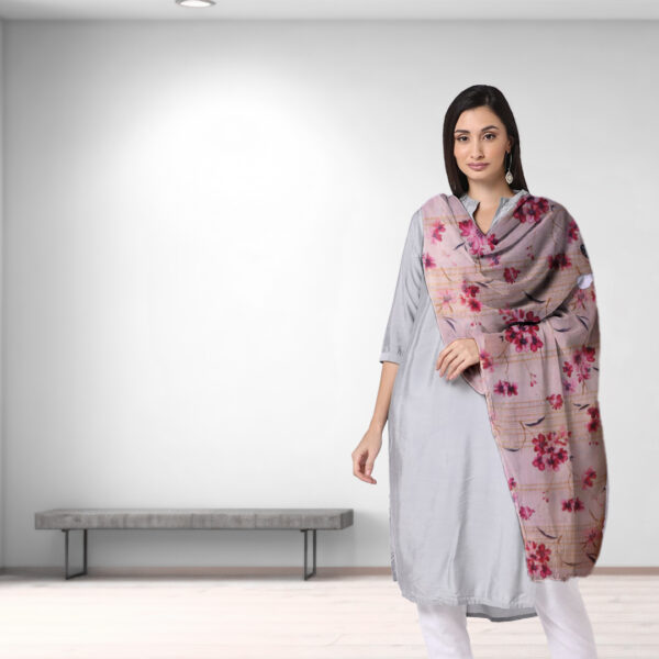 Soft Beige & Pink Floral Digital Printed Dupatta