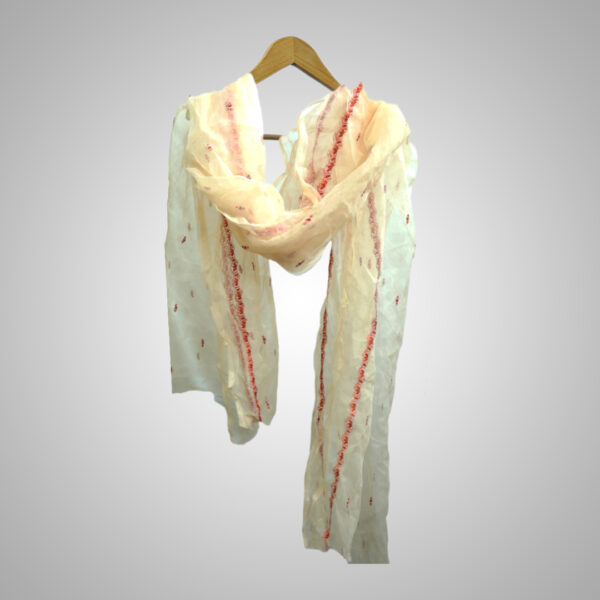 Embroidered Sheer Fabric with Red Floral Design