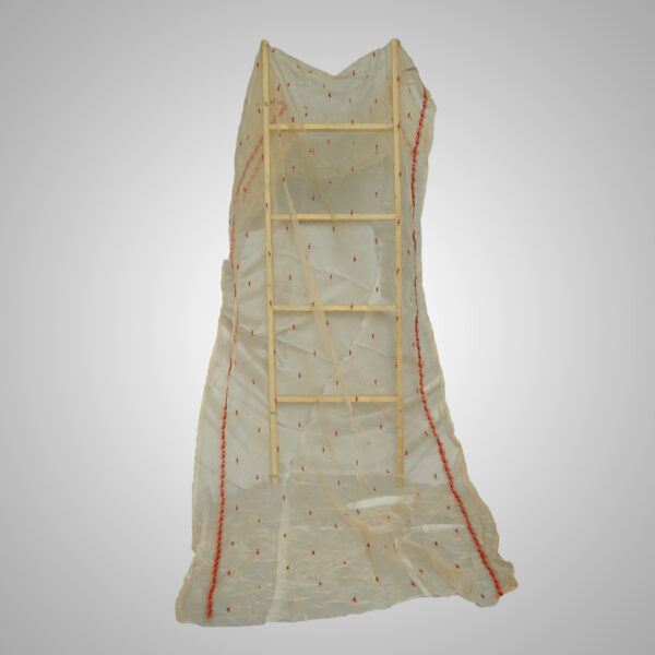 Embroidered Sheer Fabric with Red Floral Design - Image 3