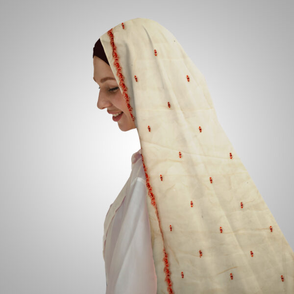 Embroidered Sheer Fabric with Red Floral Design - Image 2